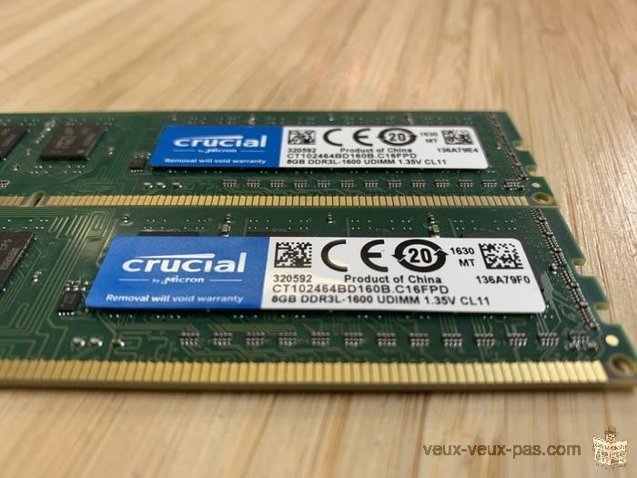 RAM MÉMOIRE PC TOUR DDR3 PC3L 8GB 1600 CRUCIAL