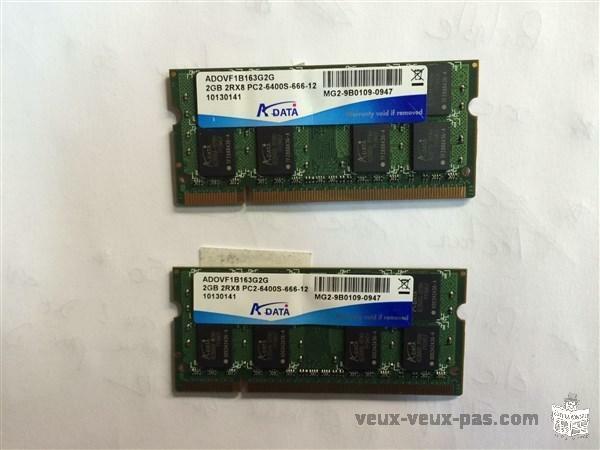 Mémoire de laptop ddr2 2gbx2 vitesse 6400