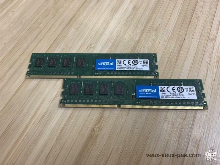 RAM MÉMOIRE PC TOUR DDR3 PC3L 8GB 1600 CRUCIAL