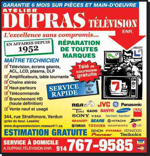 Reparation TV Anjou ACL Plasma Lampe DLP Samsung Sony Panasonic Toshiba -&gt; Dupras television
